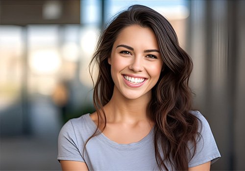 Closeup of woman in grey shirt smiling outside