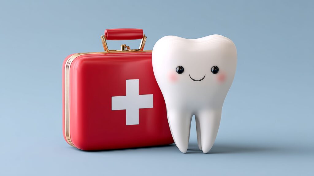 Red emergency kit with white cross next to animated tooth with cute face